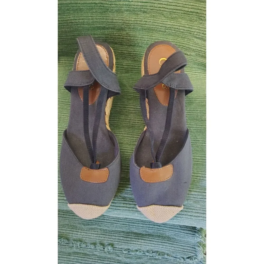 Chaps Navy Blue Canvas Espadrille Wedge Sandals - Women's Size 6B
